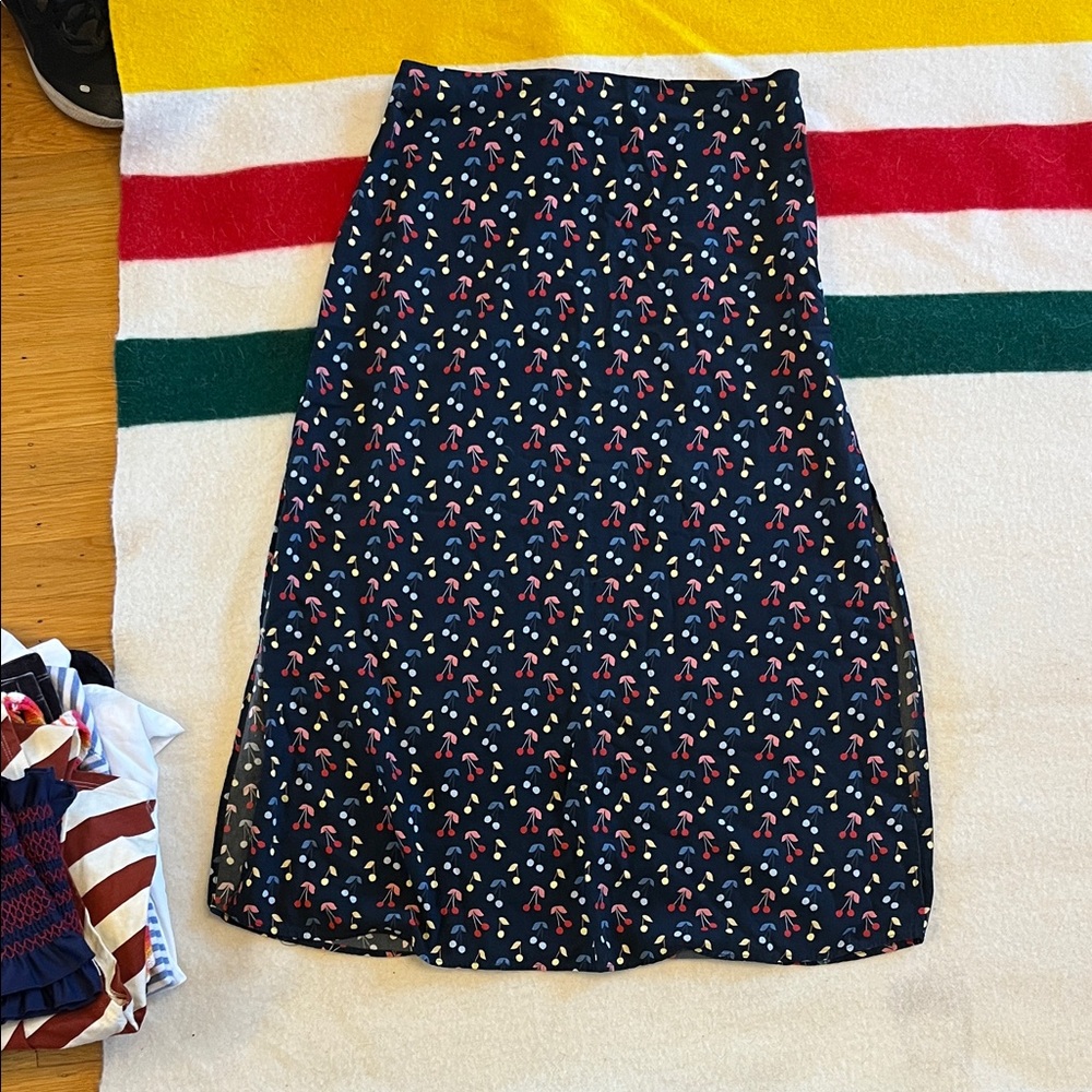 Marine Layer Navy A-Line Skirt with Cherry Print